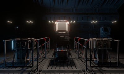 View of science fiction cybernest in control room in dark scene 3d rendering wallpaper background