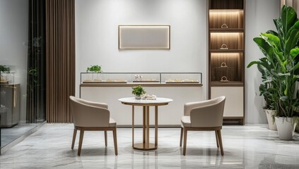 Modern jewelry store interior with comfortable seating area.  Display cases, shelves, and plants are incorporated into a sophisticated design