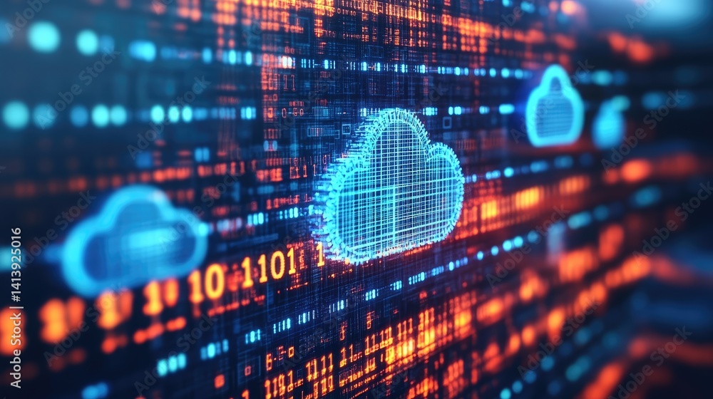 Poster digital gears meshing with cloud and code icons, symbolizing transformation infrastructure