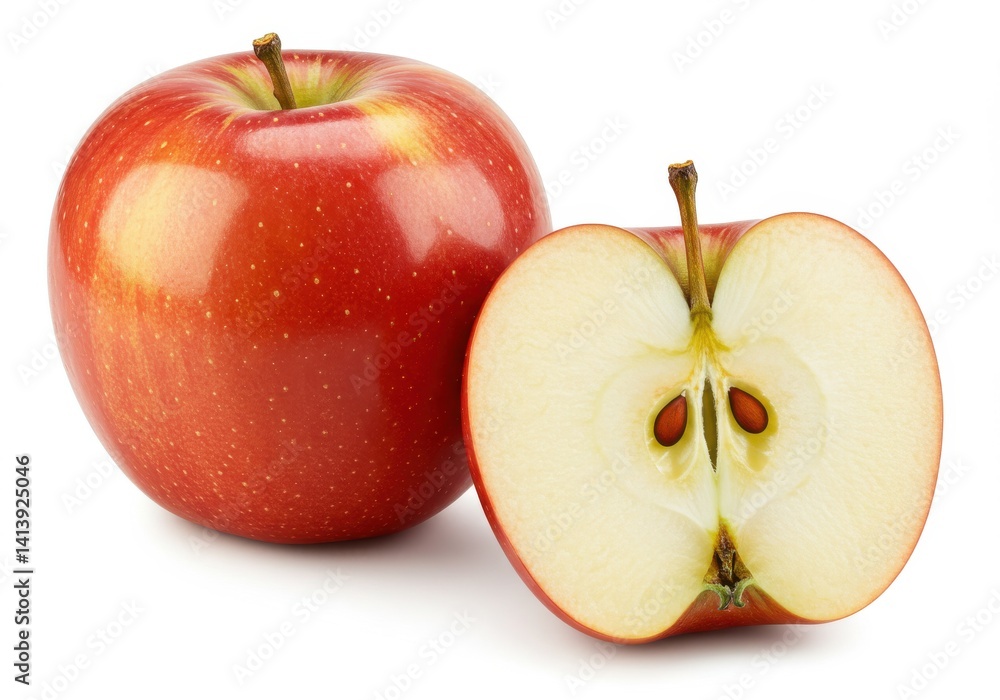 Aufkleber a shiny red apple and half of a red apple with seeds on a white background in a studio shot