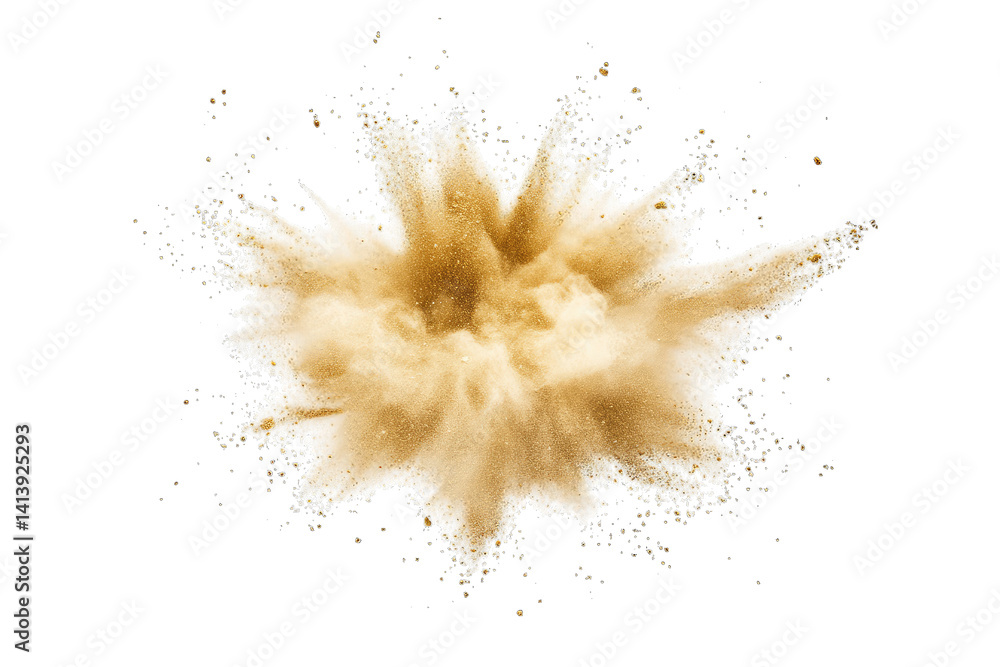 Poster a vibrant explosion of golden dust against a white background creating a dynamic visual effect that 
