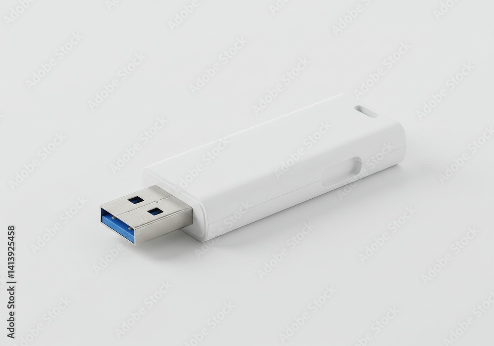 Poster a close up shot of a white usb drive on a white background in a studio setting for storage use
