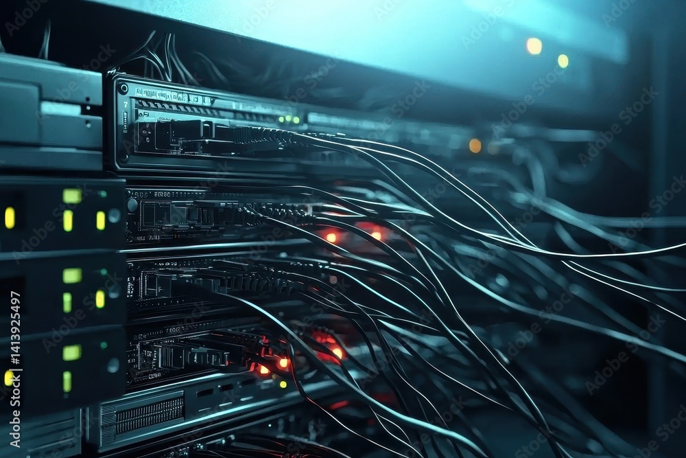 Poster a close-up view of a server rack with interconnected cables and blinking lights, illustrating a high