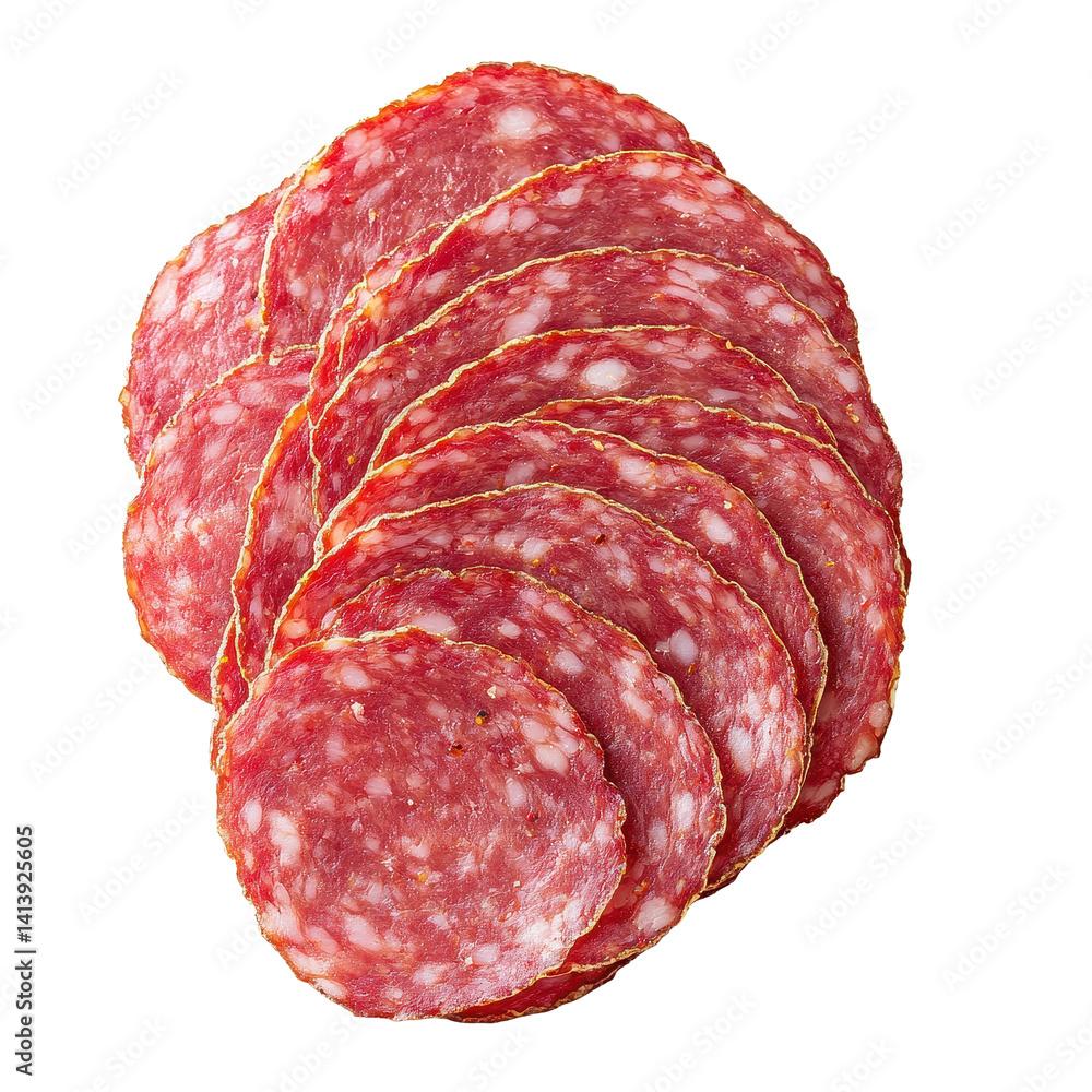 Poster sliced salami arranged neatly on a transparent background displaying rich red colors and a glossy te