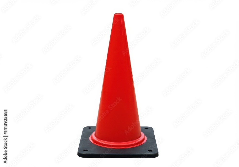 Poster a single red traffic cone with a black base isolated against a plain white background in a studio sh