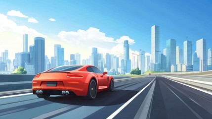 Red car fast drive on a road in a city at daytime