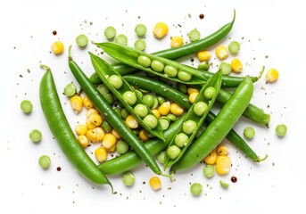 A top view of fresh green peas in pods and corn kernels scattered on a white surface studio shot