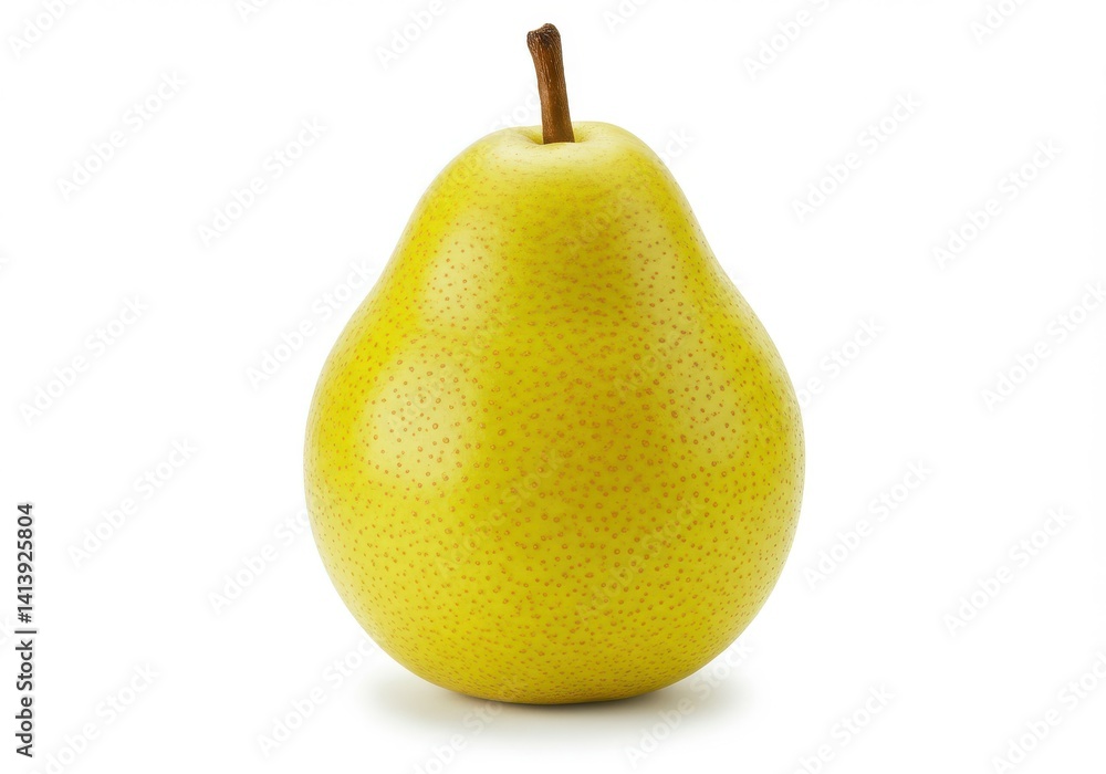 Poster a single yellow pear with a brown stem isolated on a white background in a studio setting