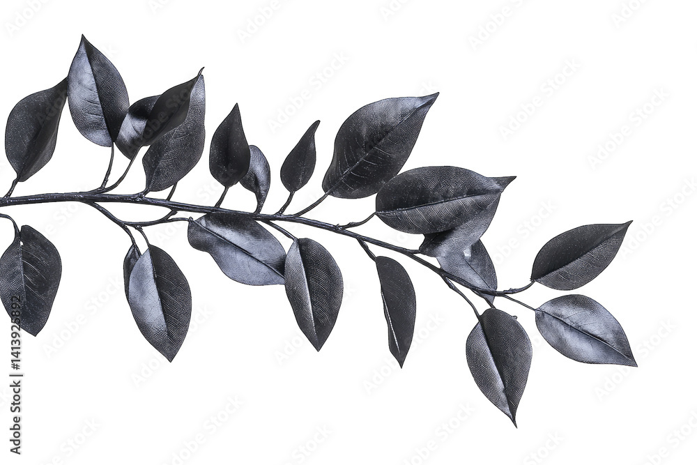 Poster a minimalist composition featuring a dark branch with leaves against a white background emphasizing 