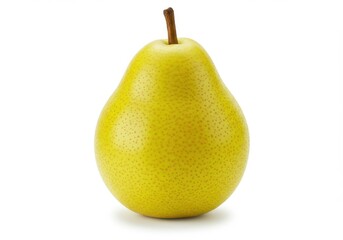 A single yellow pear with a brown stem isolated on a white background in a studio setting
