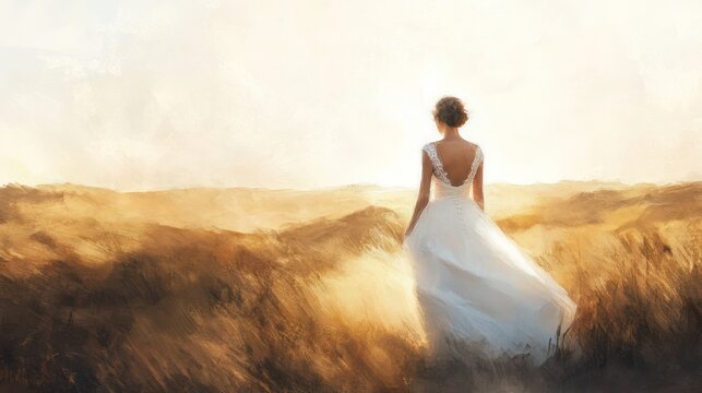 A bride walks alone across a golden landscape at sunrise.