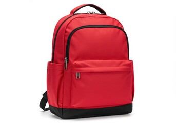 Fototapeta premium A vibrant red backpack with black accents displayed against a plain white background in a studio shot