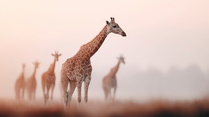 Obraz premium Majestic Giraffe Herd at Sunrise African Safari Wildlife Photography