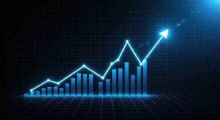 Blue graph showing an upward trend with an arrow on a dark background illustration