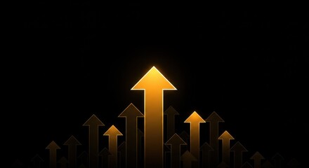Golden arrows pointing upwards on a black background showing growth and positive direction trend