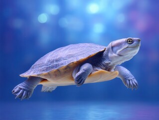Obraz premium A serene aquatic scene featuring a turtle gracefully swimming against a softly blurred blue background.