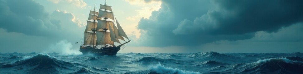 A sailing ship with billowing sails in a stormy sea, sailorless, sea