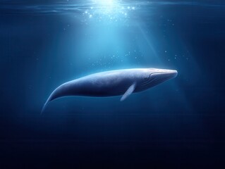 Obraz premium A majestic blue whale swims gracefully in deep blue waters, illuminated by soft sunlight filtering through the surface.