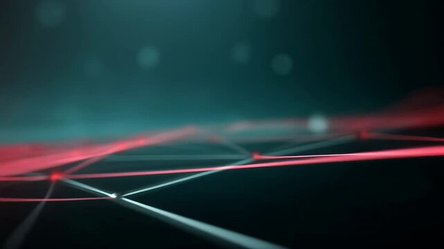 White lines connect glowing red nodes, creating a network across a dark teal and black gradient background with bokeh effects.