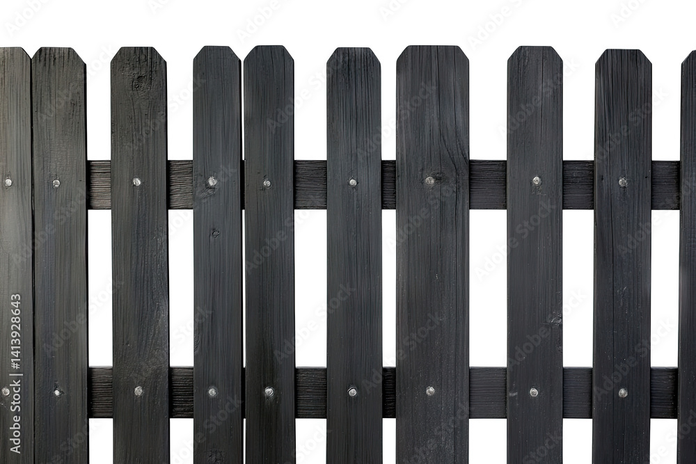 Poster close-up view of a black wooden fence with pointed tops and visible metal fasteners emphasizing its 