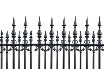 a close-up view of a decorative black metal fence featuring pointed spikes designed for security and aesthetic appeal the background is plain white emphasizing the fence's intricate details