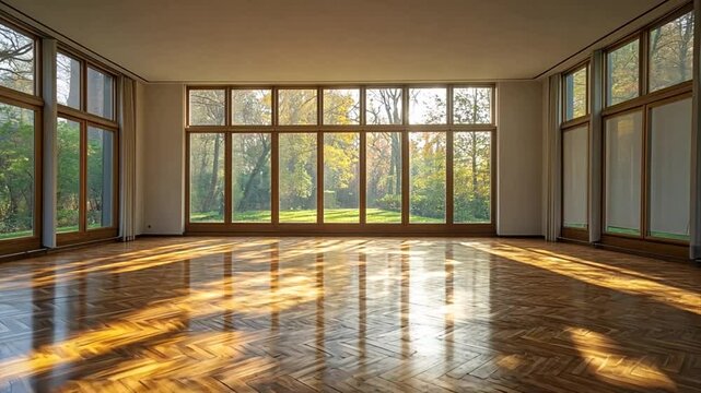 Sunlight streams through expansive windows illuminating classic herringbone parquet flooring creating warmth