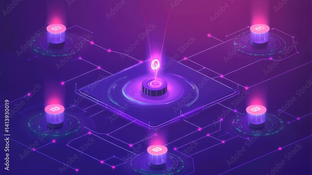 Poster hologram of network traffic and security firewalls showing ip blocking and tracking