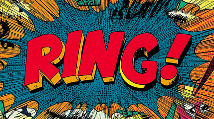 Obraz premium Ring comic book sound effect with cartoon zoom lines and halftone dots