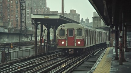 Obraz premium Vintage NYC Subway Train Approaching Station on a Rainy Day
