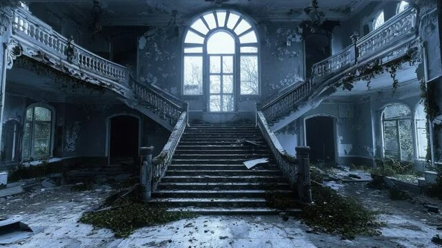 Abandoned Grand Staircase in a Forgotten Mansion with Overgrown Plants and Deteriorating Walls