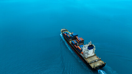 Aerial view of the freight shipping transport system cargo ship container. international...