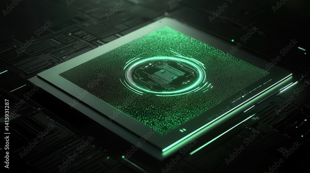 Poster laptop with digital vault graphic and encryption data flow lines on a glowing surface