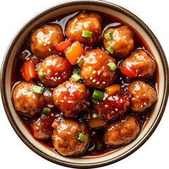 Chinese-style meatballs in a bowl, with sweet and sour sauce, top view, isolated on a transparent background