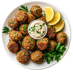 Falafel balls with garlic mayonnaise on a white plate, top view, isolated on a transparent background