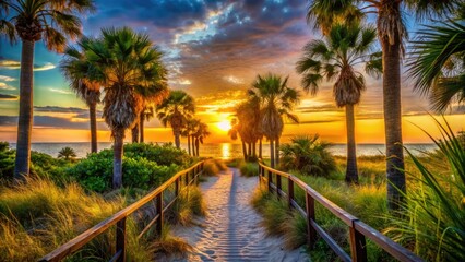 Caladesi Island Beach Path at Dusk, Florida - July 27, 2016: Low Light Palm Tree Pathway