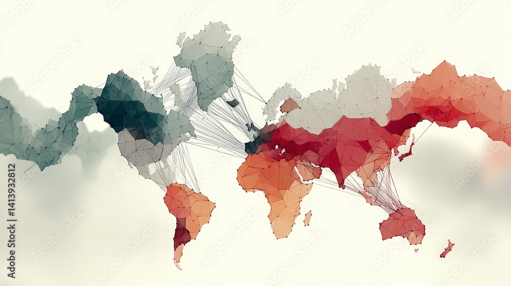 Aufkleber global network interconnected world map abstract polygonal design business technology
