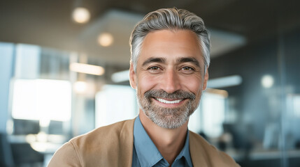 Obraz premium Portrait of smiling businessman with grey hair and beard in office setting
