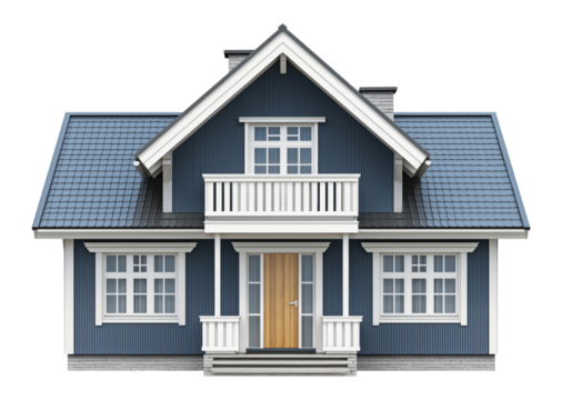 Blue two-story house isolated on a transparent background