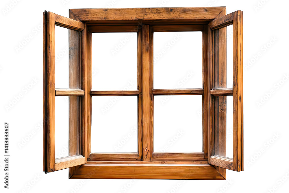 Poster a wooden window with two open casements showcasing a rustic design that allows light and air to ente