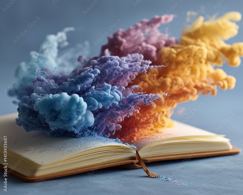 Poster a book erupts with colorful clouds of smoke, blending creativity and imagination in a vivid display.