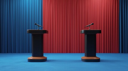 Two podiums are set up in a room with red and blue curtains