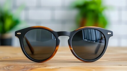Tortoiseshell Round Sunglasses on Wooden Table with Blurred Green Background