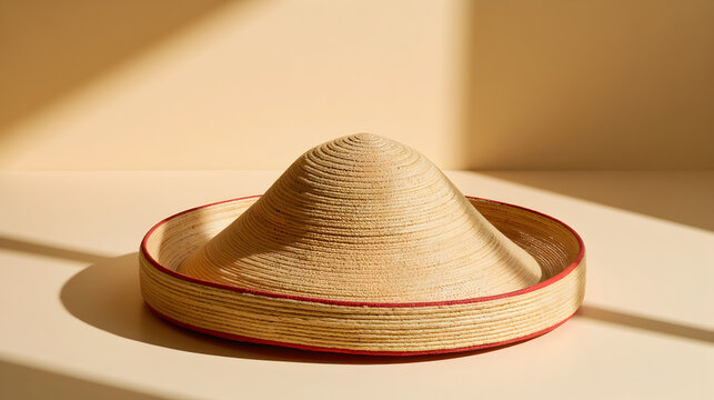 Handcrafted Assamese jaapi hat with red border on textured beige surface under soft spotlight - Rongali Bihu
