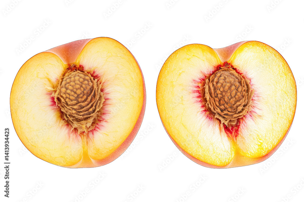 Poster two halves of a peach showcasing its vibrant yellow and red flesh with a visible pit in the center t