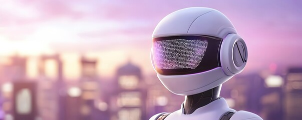 A sophisticated 3D cartoon AI robot standing amid a cascade of neon words and symbols, refining text based predictions.