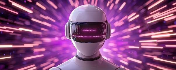 A sophisticated 3D cartoon AI robot standing amid a cascade of neon words and symbols, refining text based predictions.