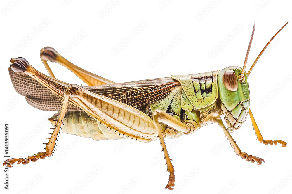 Poster grasshopper displaying intricate details of its body highlighting its green coloration and distincti