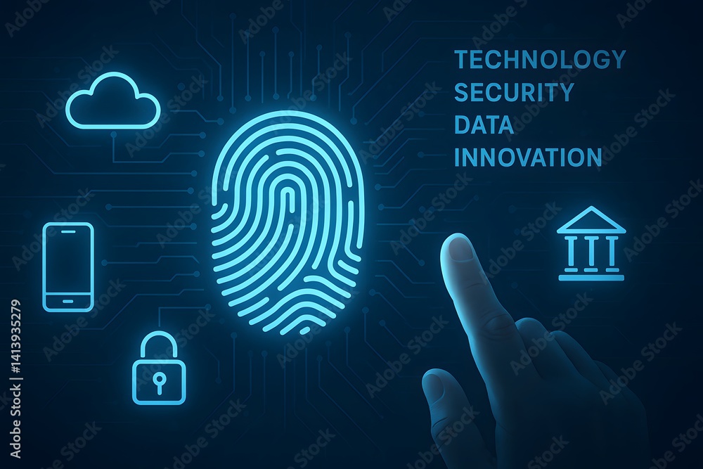 Poster fingerprint identification to personal access. biometrics security and innovation technology. concep