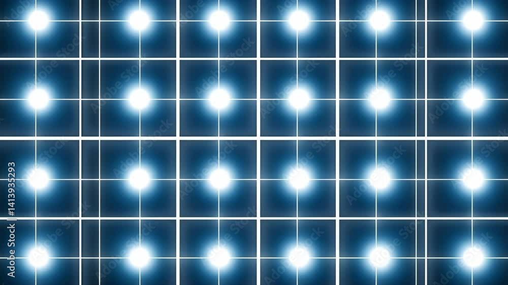 Poster a symmetrical grid of thin white lines intersects at intensely glowing white points against a dark b