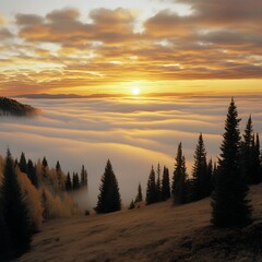 Obraz premium Golden Sunset Over Fog Shrouded Forest with Evergreen Trees in Silhouette